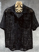 Chemise sexy vintage à manches courtes en dentelle ajourée pour homme-1