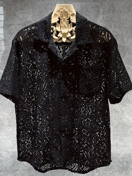 Men Mesh Hollow Lace Short Vintage Sleeve Sexy Shirt