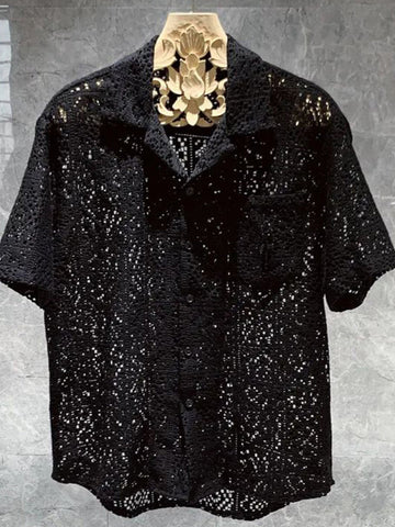 Men Mesh Hollow Lace Short Vintage Sleeve Sexy Shirt