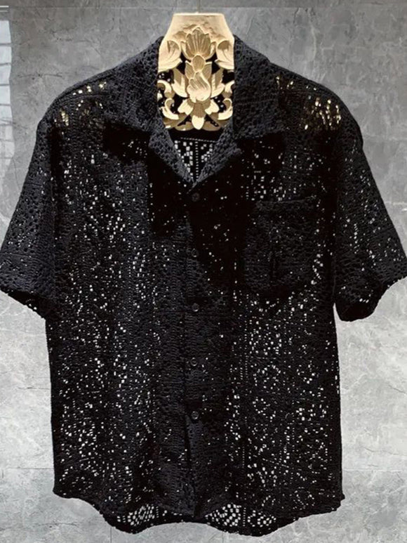 Chemise sexy vintage à manches courtes en dentelle ajourée pour homme