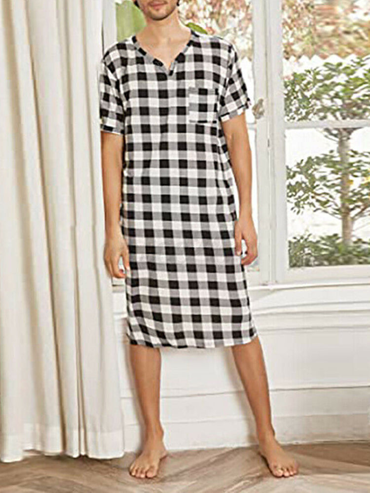 Mens Casual Home Plaid Nightgown