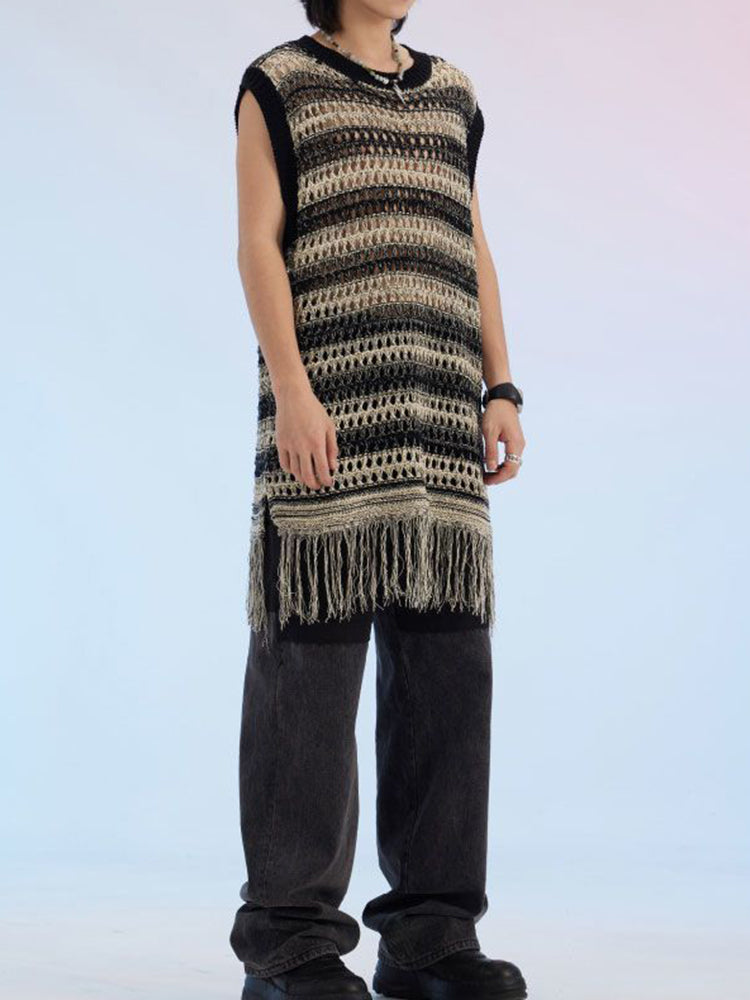 Mens Striped Fringed Knitted Vest