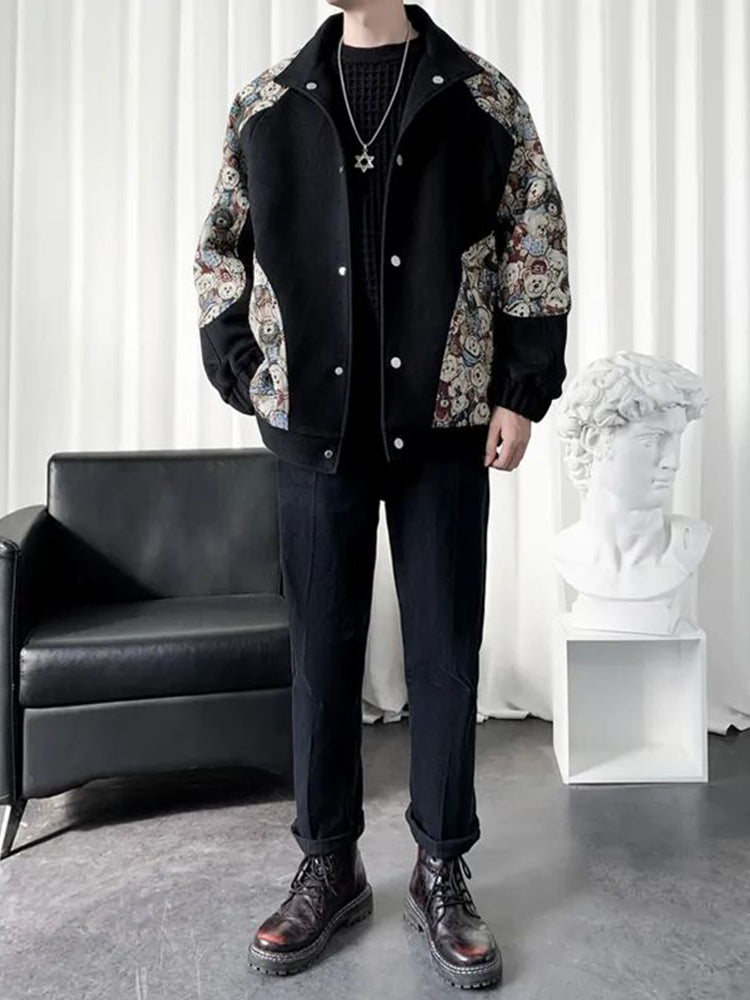 Mens Bear Embroidered Trendy Street Jacket