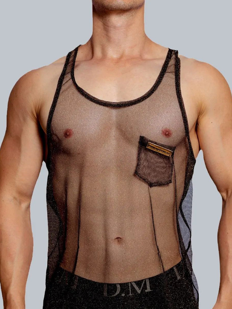 Mens See-Through Vest Loose Sexy Solid Color Camisole