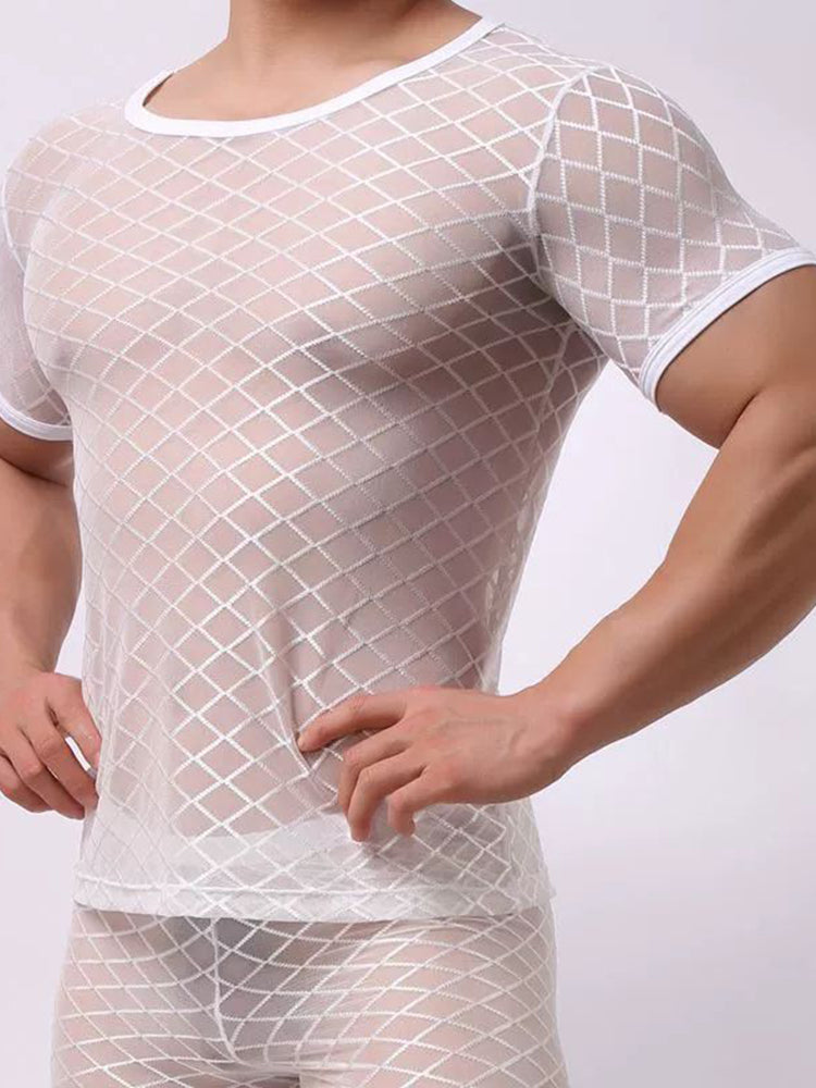 Mens Sexy Tight Solid Color Mesh Perspective T-shirt