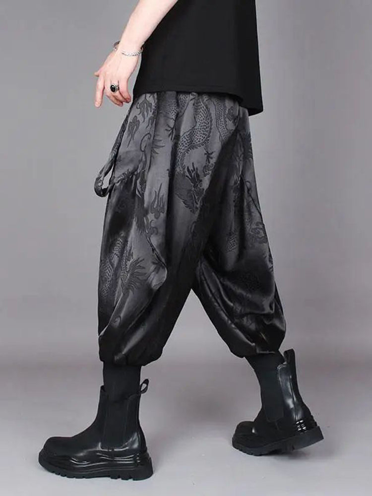 Mens Chinese Dragon Pattern Satin Casual Pants