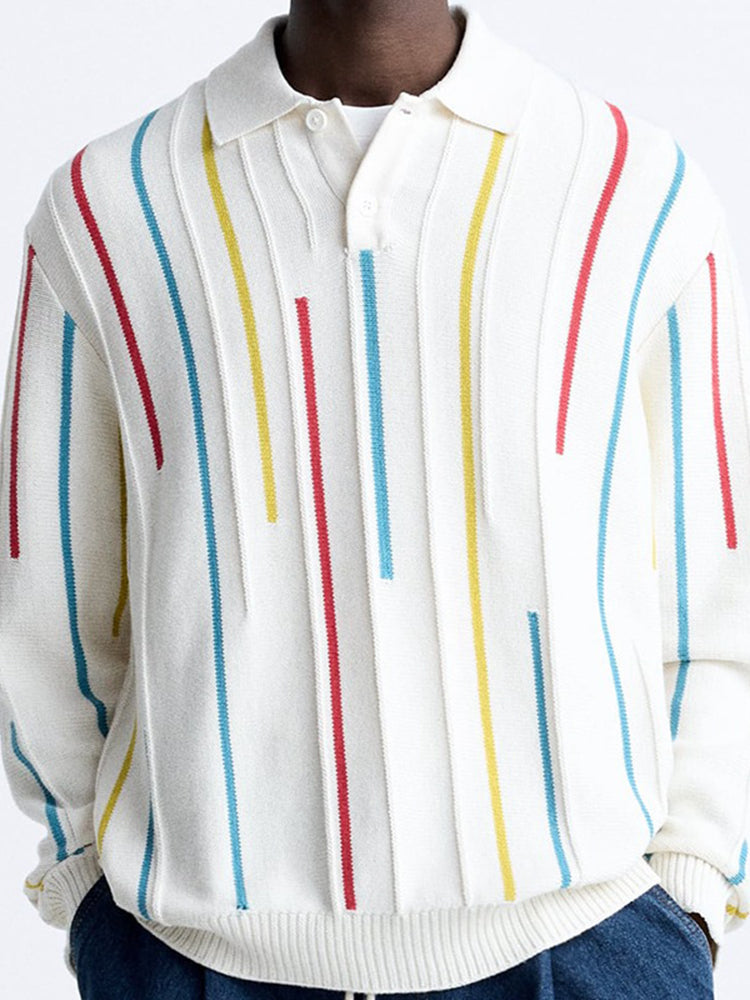 Mens Unisex Striped Knitted Long Sleeved Polo Shirt