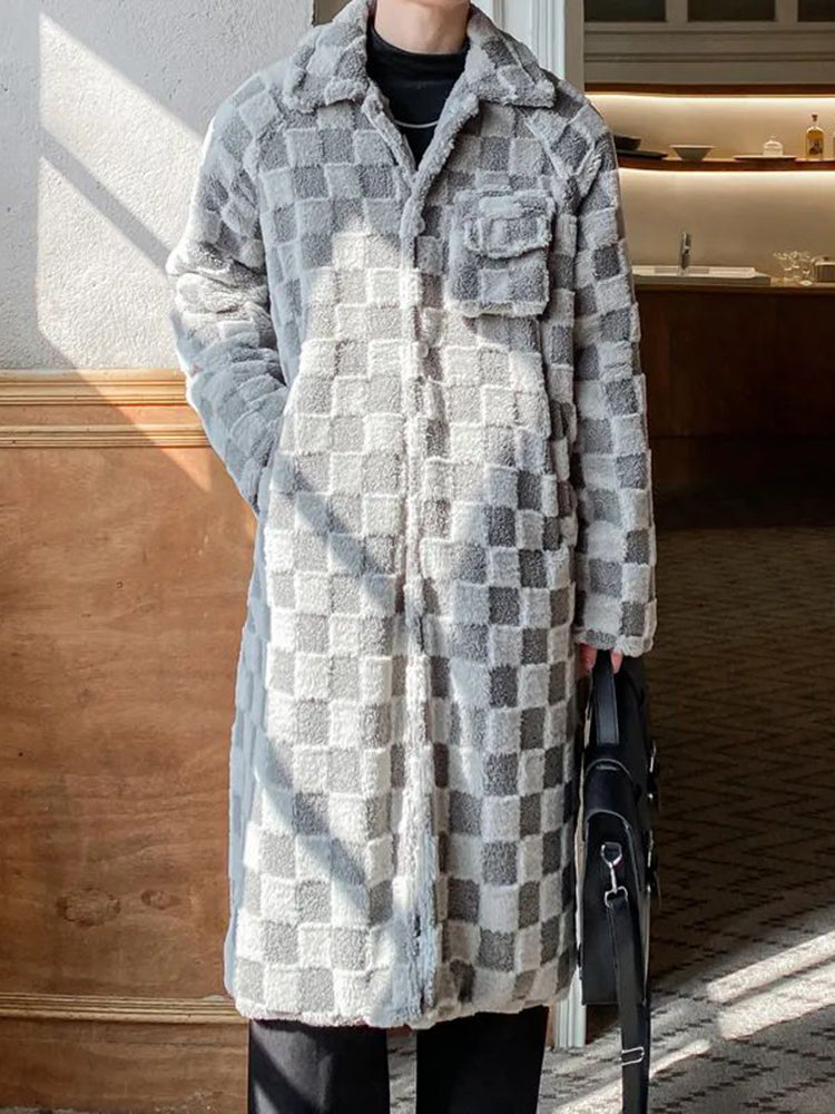 Mens Long Checkerboard Casual Coat