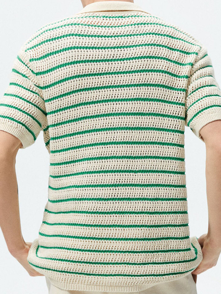 Mens Unisex Striped Knitted Hollow Polo Shirt