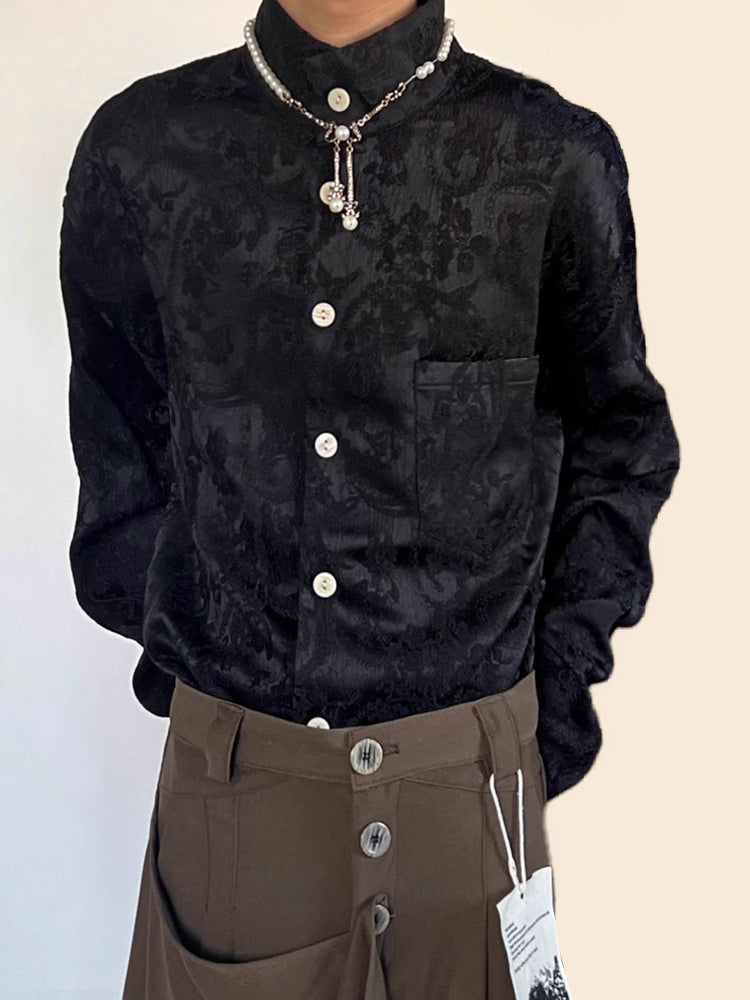 Comprar black Mens Chinese Jacquard Satin Turtleneck Shirt