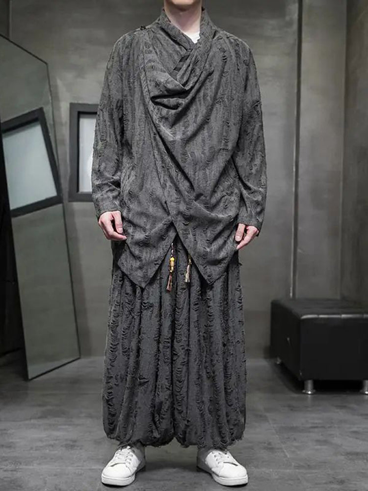 Mens Chinese Style Distressed Hole Long-Sleeved Cloak