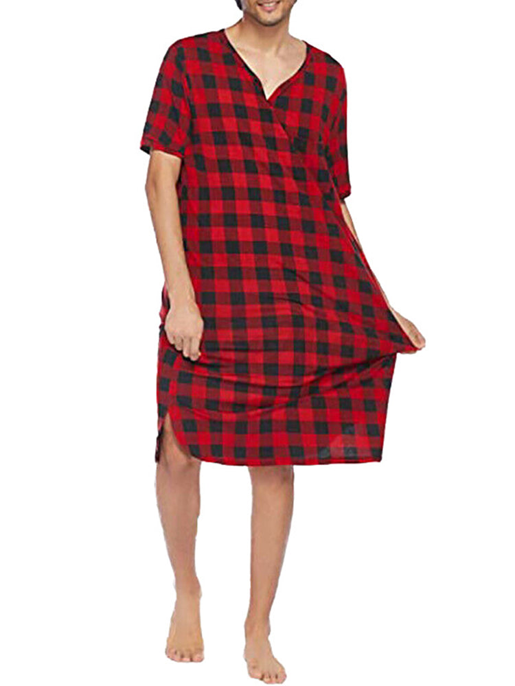 Mens Casual Home Plaid Nightgown