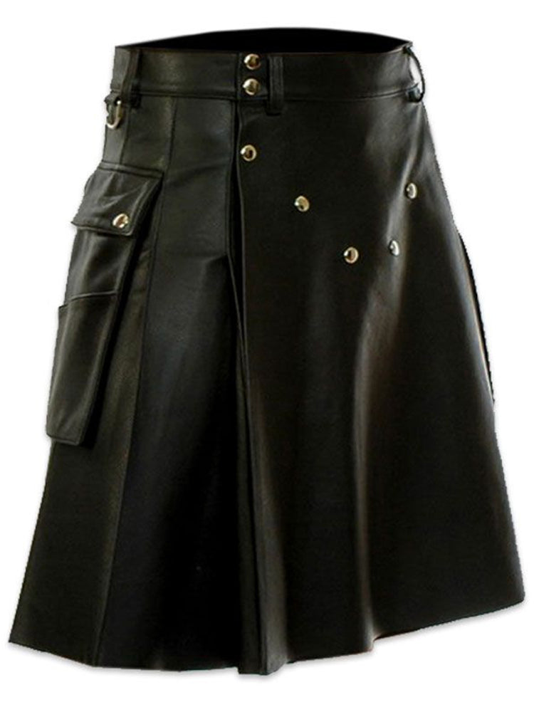 Mens Pocket Studded PU Leather Kilt