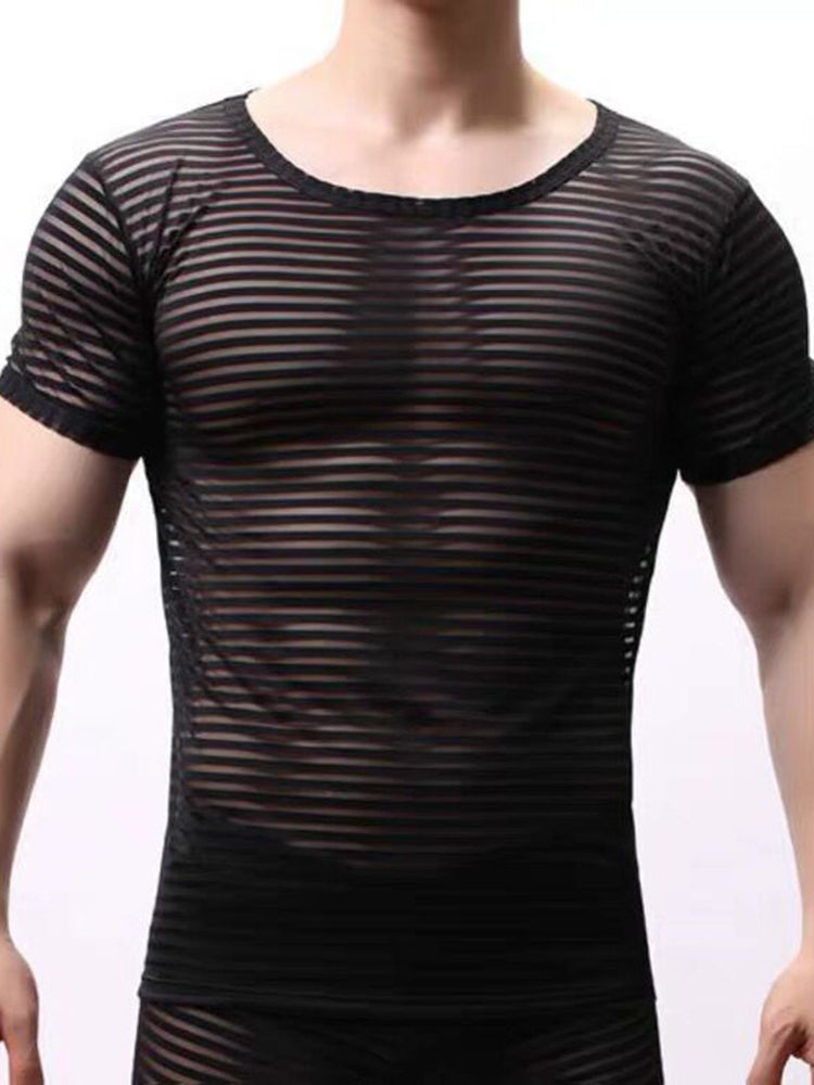 Mens  Sexy Nightclub Gauze  Perspective Striped T-shirt