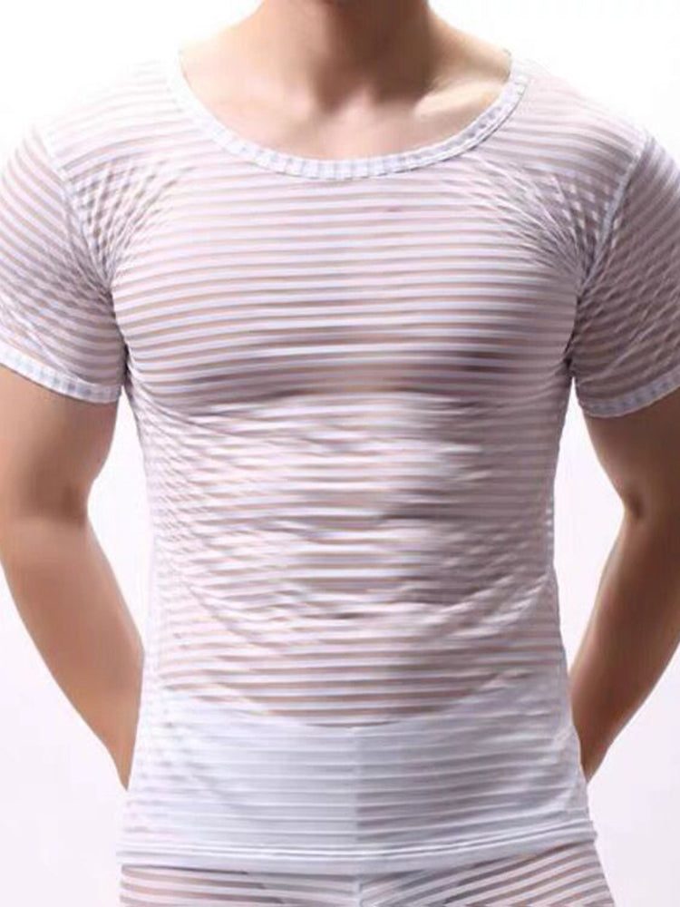 Mens  Sexy Nightclub Gauze  Perspective Striped T-shirt