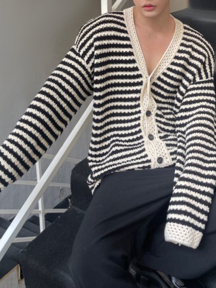 Mens unisex hollowed Out striped knitted Cardigan