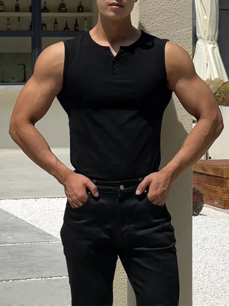 Men Sexy Tight Henley Collar Sports Casual Vest