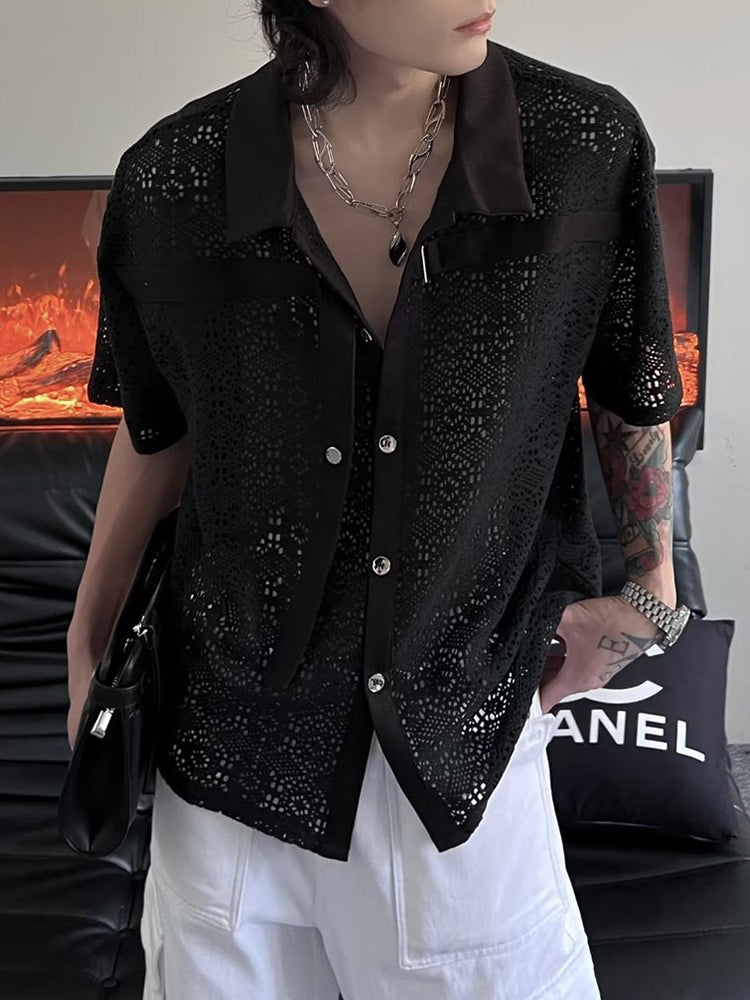 Mens Asexual Sexy Nightclub Perspective Lace Short-sleeved Shirt