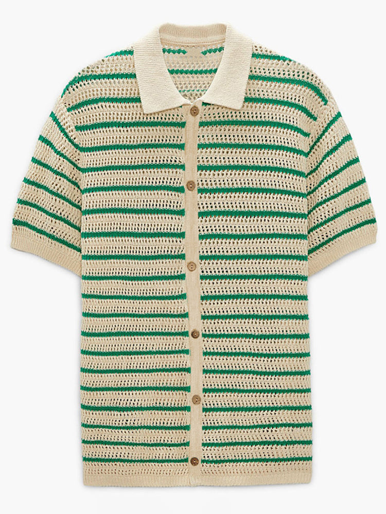 Mens Unisex Striped Knitted Hollow Polo Shirt