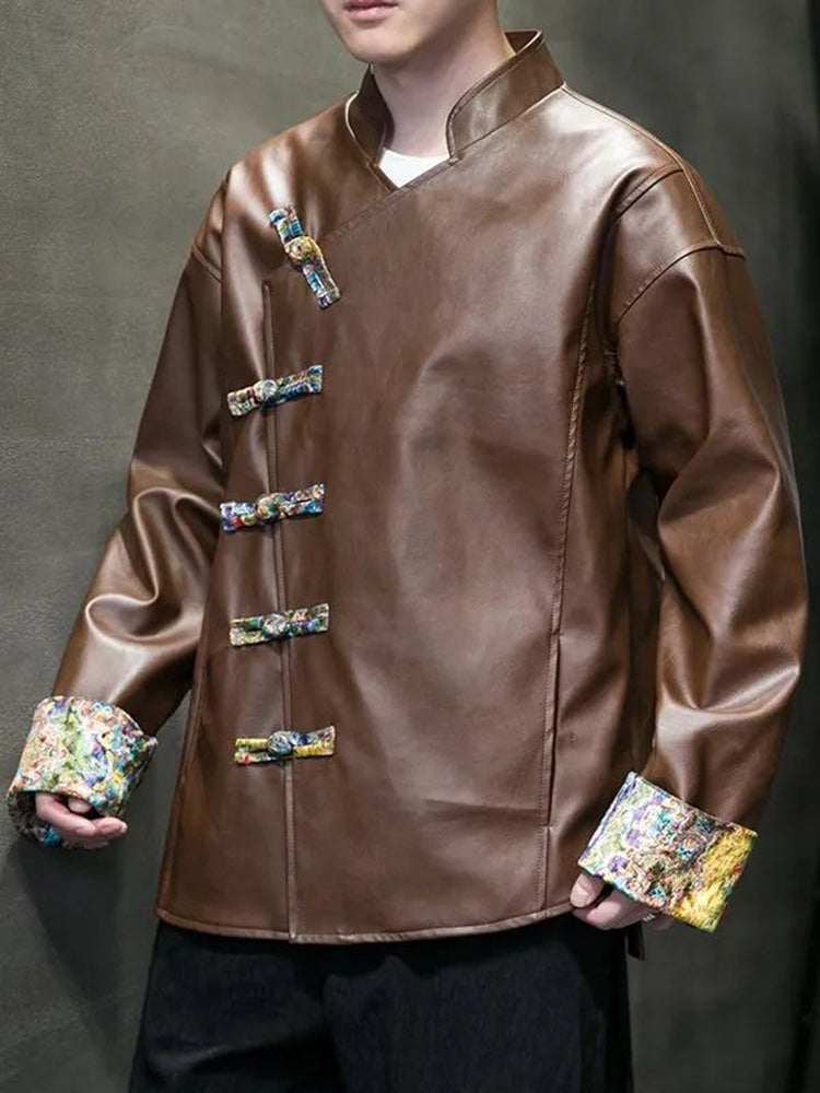 Mens Chinese Style Loose Casual Leather Jacket