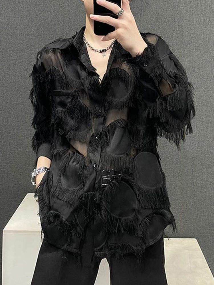 Men Sexy Mesh See-Through Feather Tassel Shirt