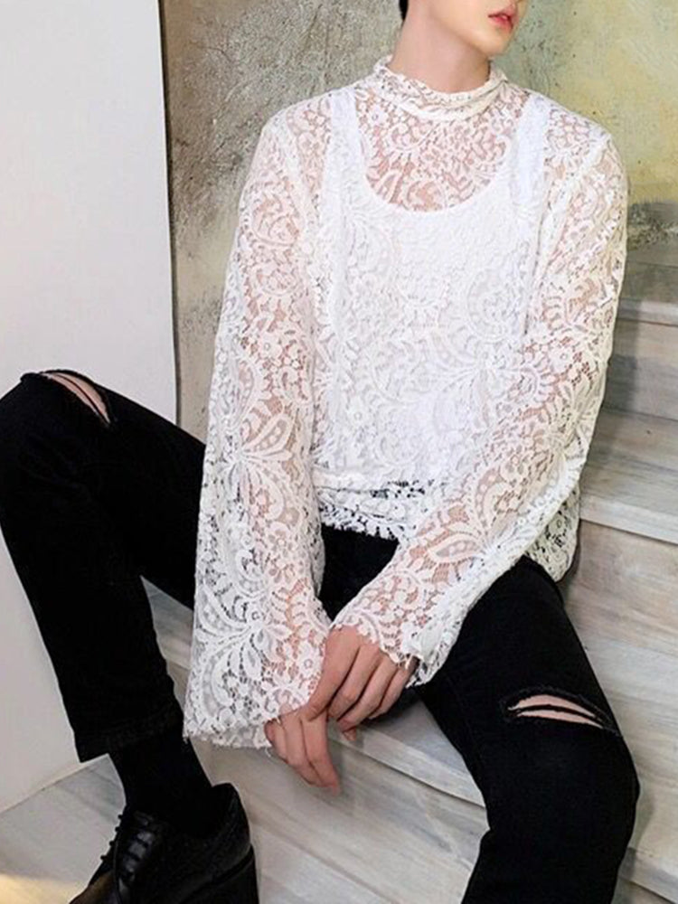 Mens Sexy Nightclub Lace See-through Turtleneck Long-sleeved Top