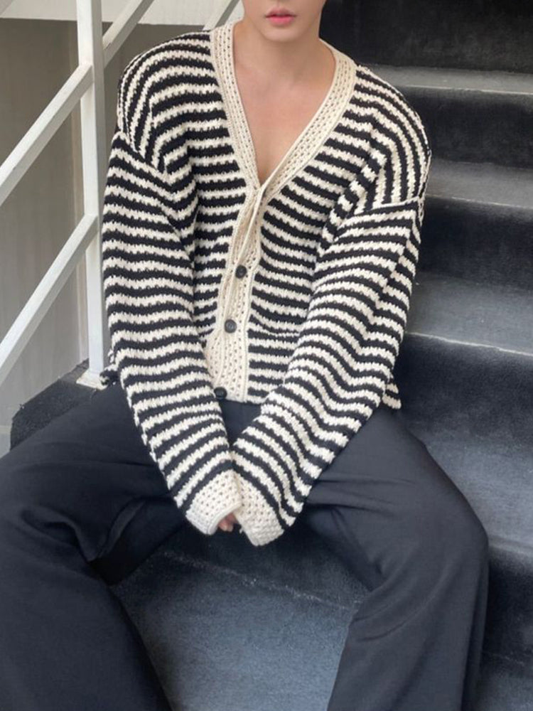 Mens unisex hollowed Out striped knitted Cardigan