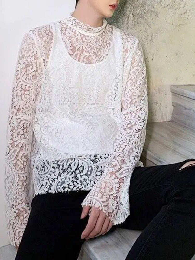 Mens Sexy Nightclub Lace See-through Turtleneck Long-sleeved Top