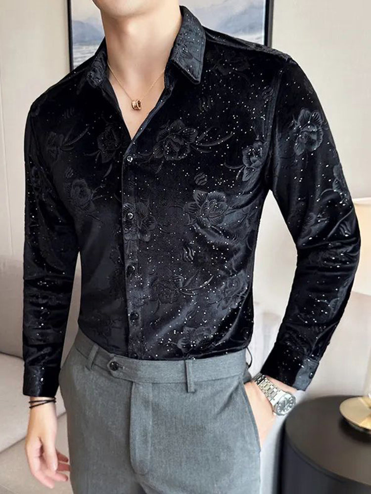 Mens Gold Velvet Floral Casual Shirt