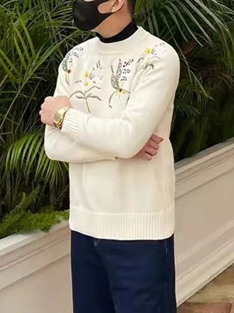 Mens Floral Embroidered Knitted Sweater