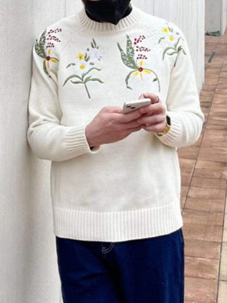 Mens Floral Embroidered Knitted Sweater