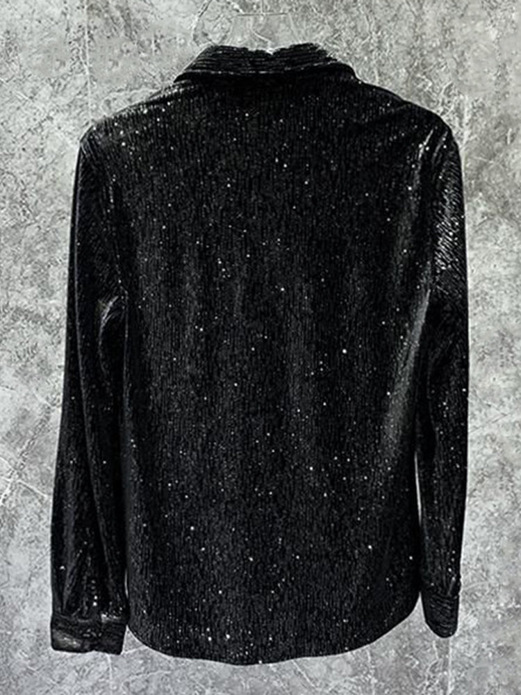 Men Gold Velvet Shiny Long-Sleeve Casual Shirt