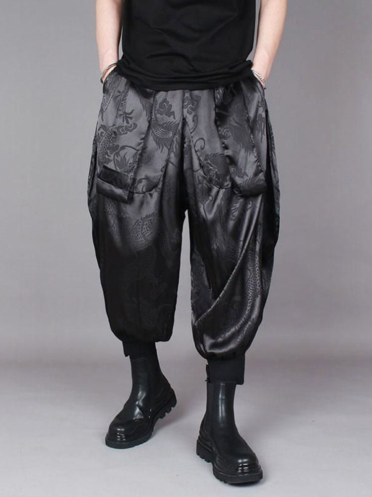 Mens Chinese Dragon Pattern Satin Casual Pants