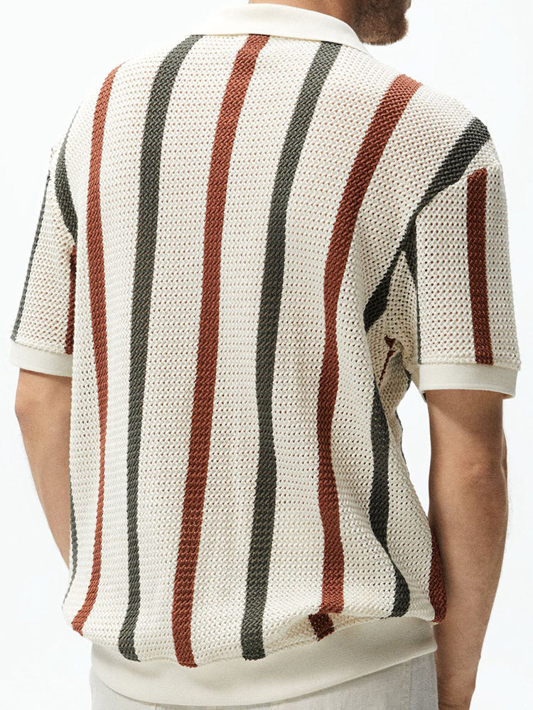 Mens Unisex Striped Knitted Hollow Polo Shirt