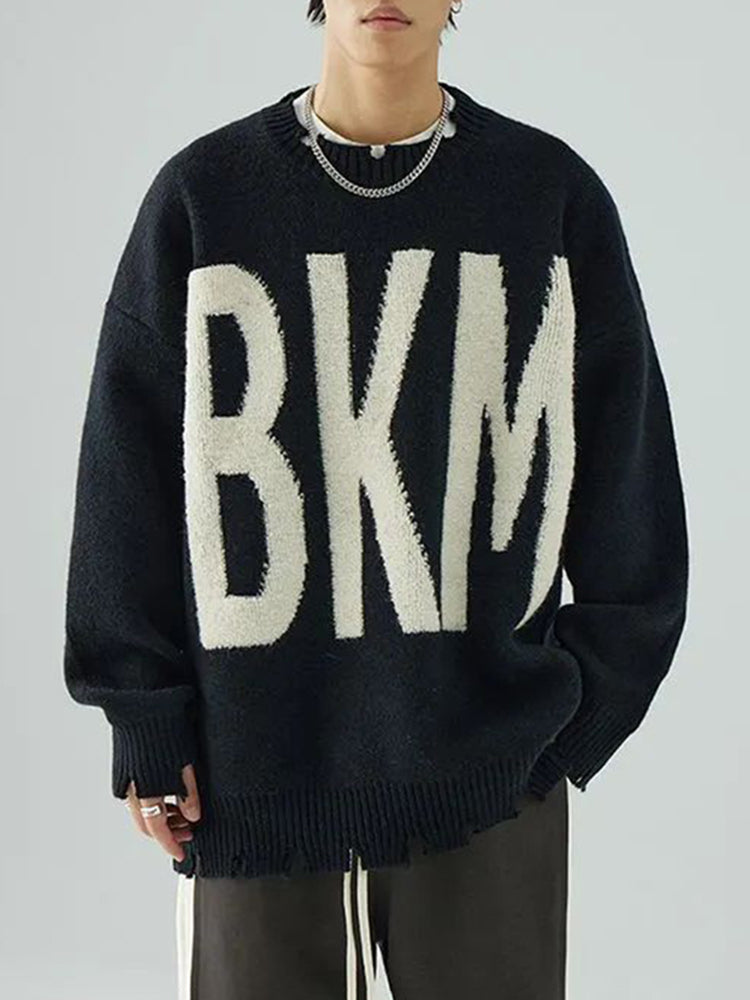 Mens Letter Crew Neck Knitted Sweater