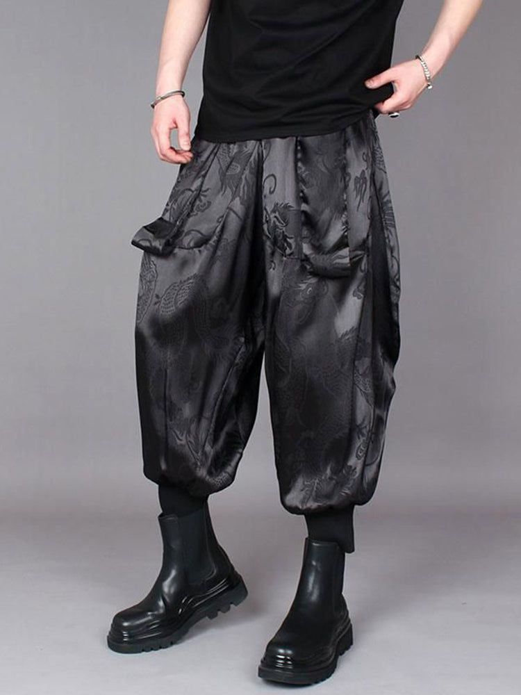 Mens Chinese Dragon Pattern Satin Casual Pants