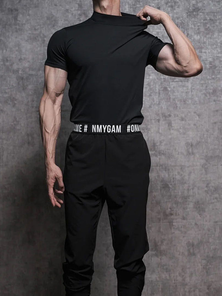 Mens Asexual Casual Solid Tight High Neck T-shirt