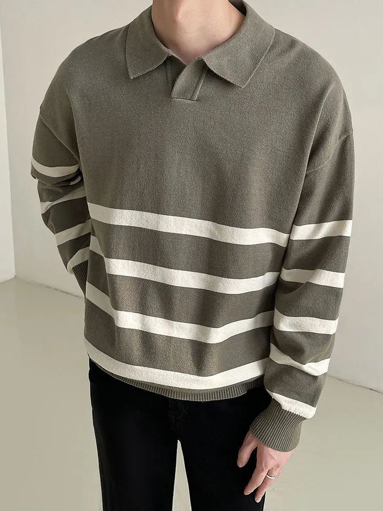 Comprar green Mens Contrast Striped Lapel Sweater