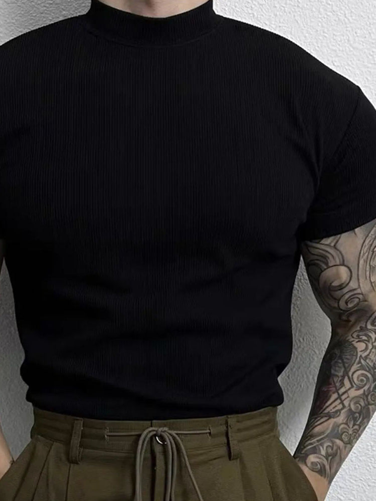 Mens Casual Solid Color High Neck Elastic Knitted T-shirt