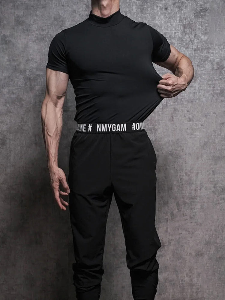 Mens Asexual Casual Solid Tight High Neck T-shirt