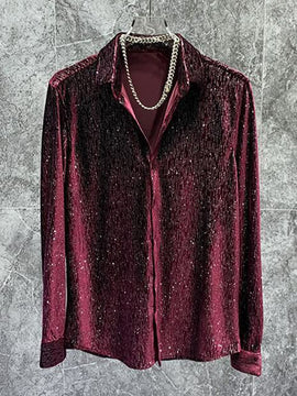 Men Gold Velvet Shiny Long-Sleeve Casual Shirt
