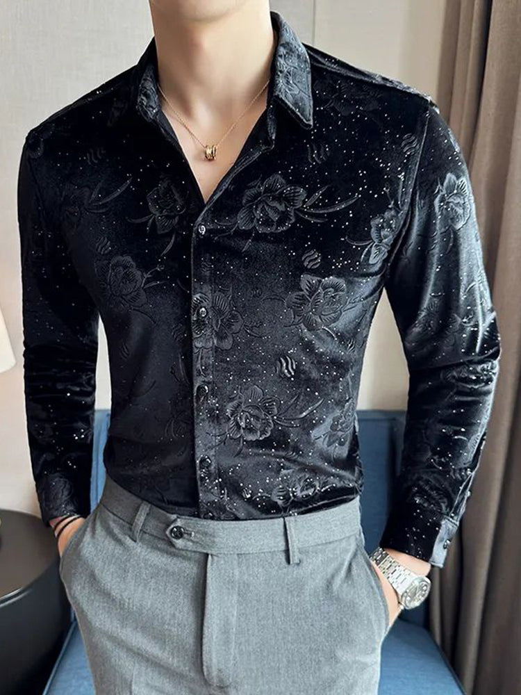 Comprar black Mens Gold Velvet Floral Casual Shirt