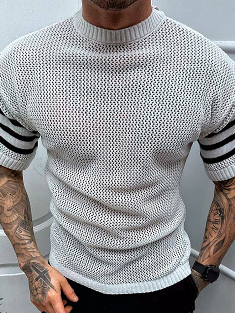 Mens Patchwork Knitted Short Sleeves