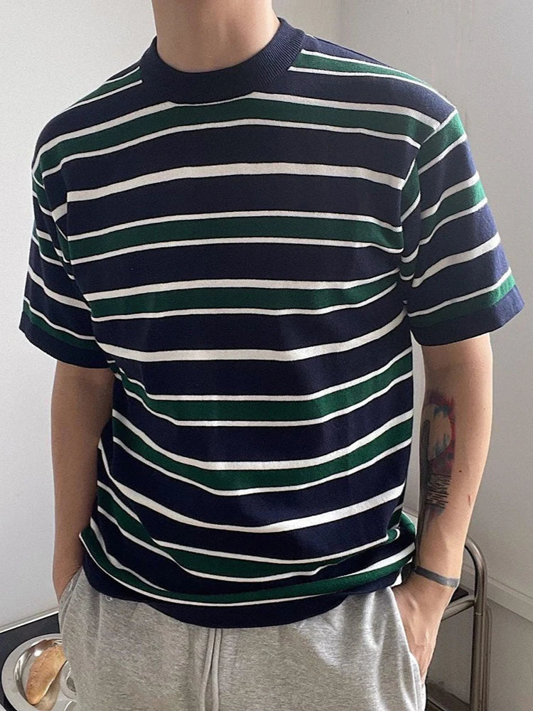 Mens  Striped Casual Knitted Short-Sleeved T-Shirt