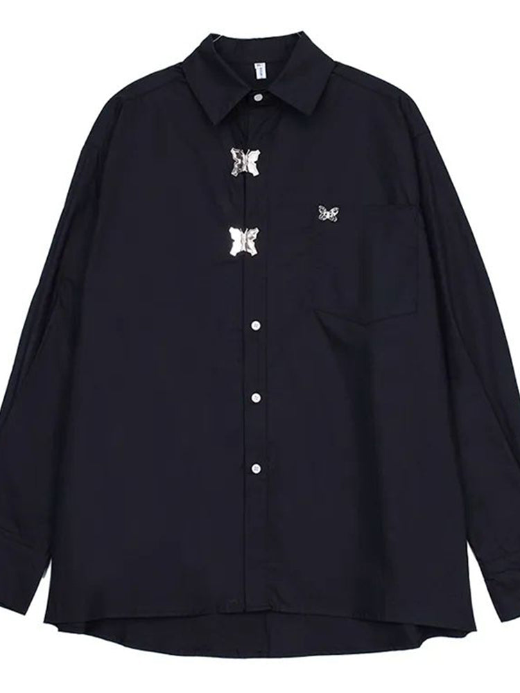 Comprar black Men Y2k Metal Butterfly Casual Long-Sleeve Shirt