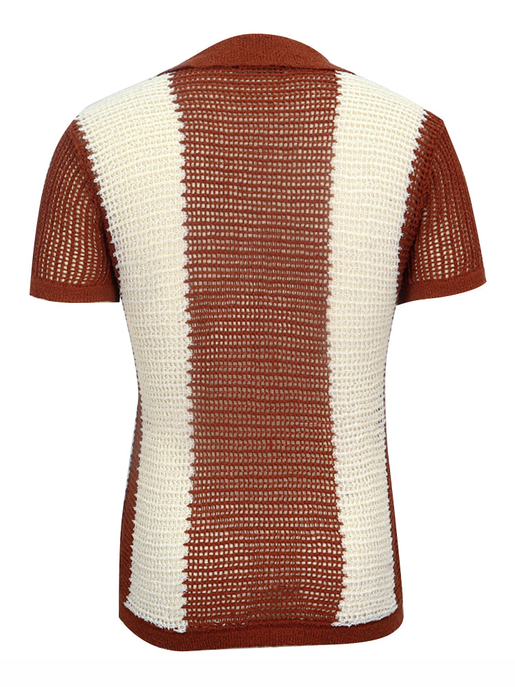 Mens Unisex Striped Hollow Out Knitted Polo Shirt