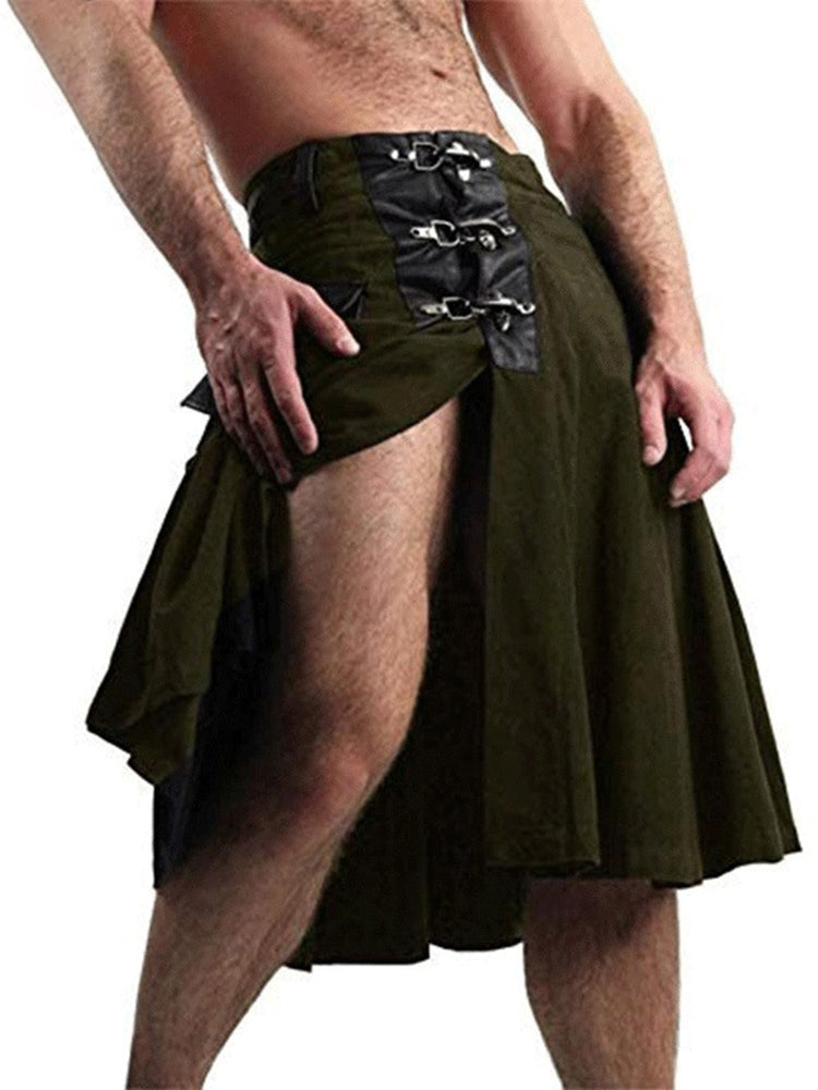 Buy army-green Mens Sexy Slit Punk Metal Buckle Kilt