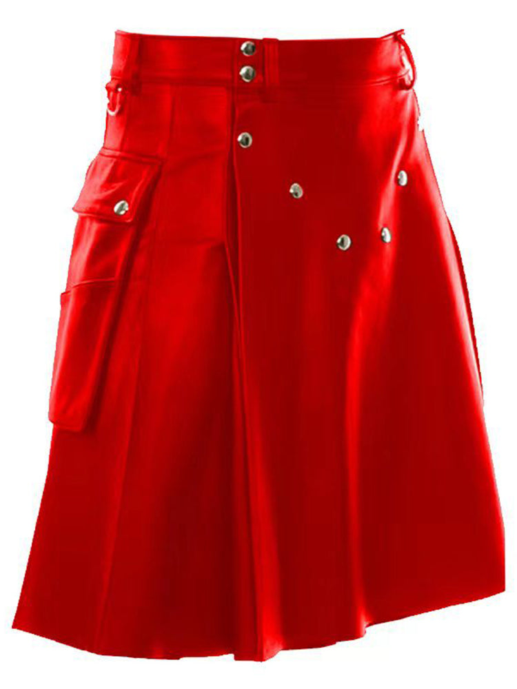 Buy red Mens Pocket Studded PU Leather Kilt