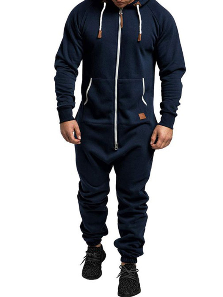 Comprar navy-blue Mens Velvet Thickened Casual Hooded Jumpsuit