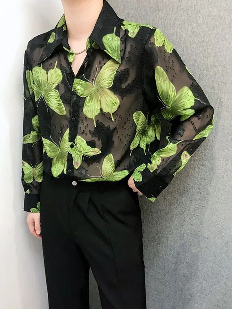 Comprar black-green Mens Hollow Sexy Butterfly Mesh See-Through Shirt